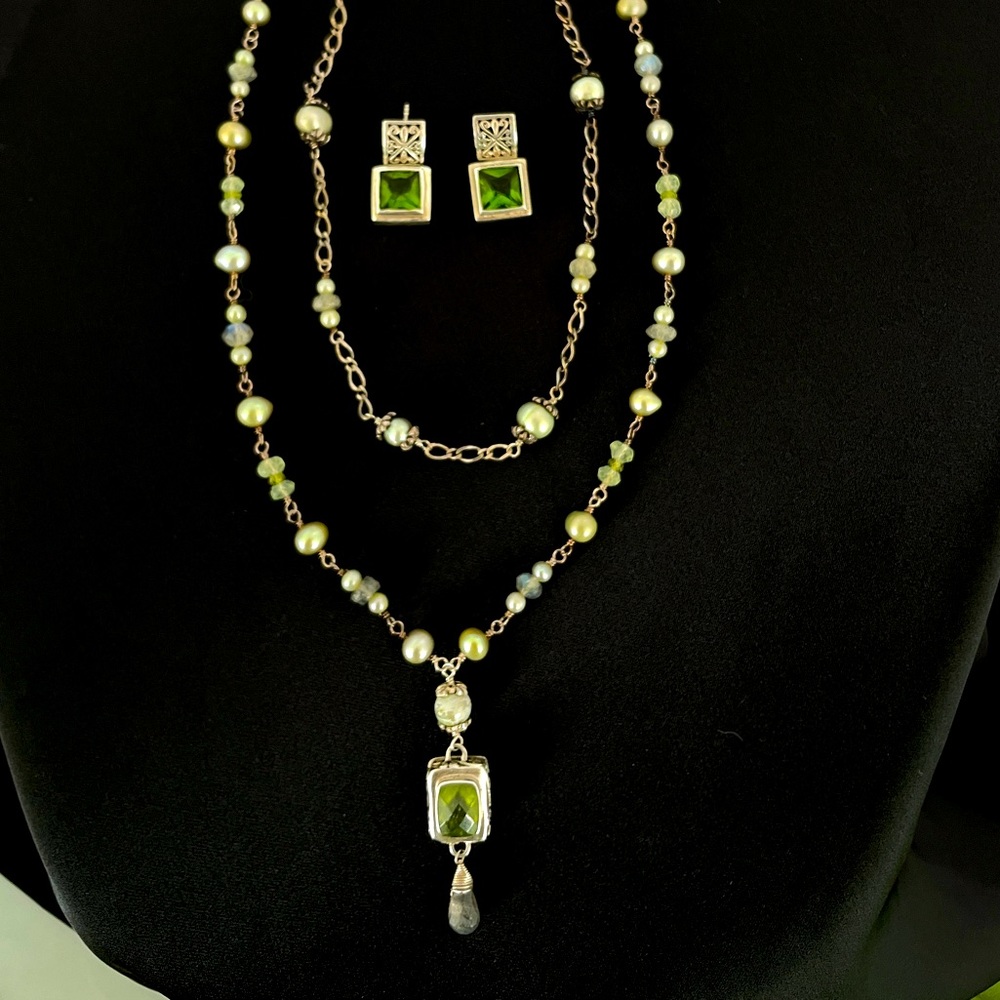 Vintage Stamped 925 Sterling Silver Green & Pearl Bead Necklace, Earrings GWP